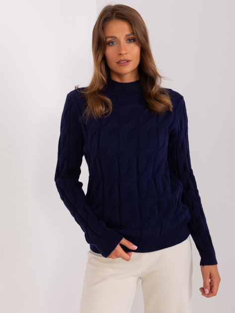 Granatowy sweter z warkoczami i ściągaczami 