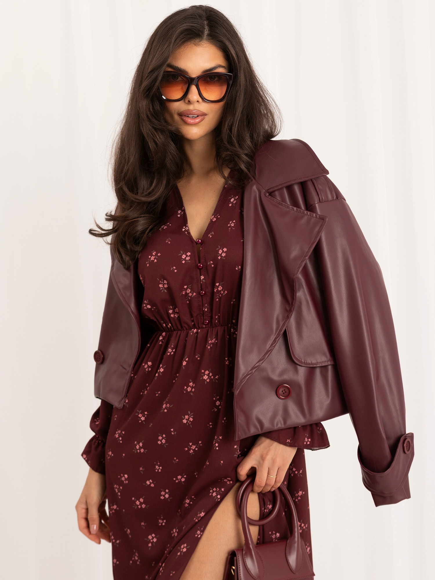 Burgundowa midi sukienka w kwiaty