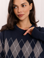Granatowy damski sweter oversize w romby