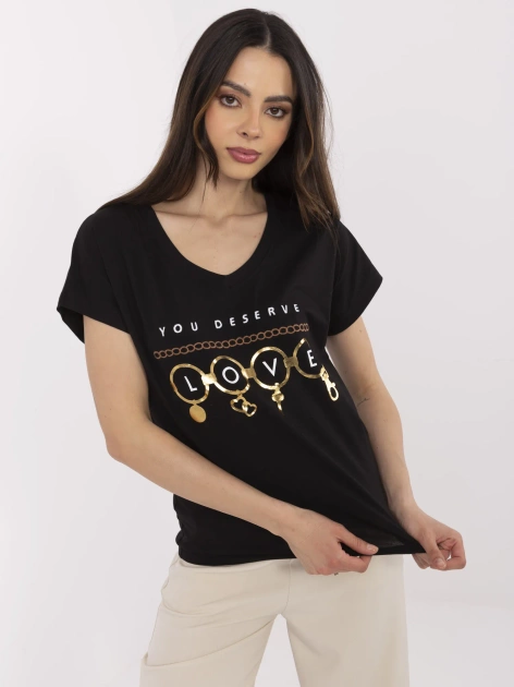 Czarny damski t-shirt z dekoltem V