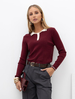 Bordowy damski sweter polo z guzikami przy dekolcie