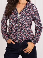 Granatowo-różowa welurowa bluza rozpinana w kwiaty RUE PARIS