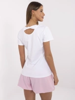 Biało-różowy damski t-shirt z kokardą na plecach
