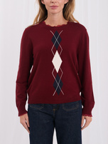 Bordowy damski sweter w geometryczne wzory