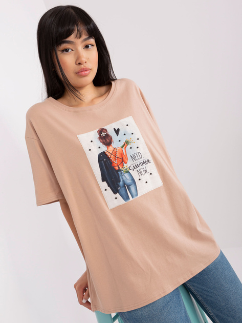Beżowy damski t-shirt oversize z nadrukiem