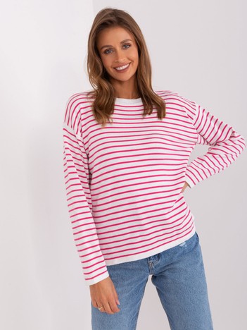 Biało-różowy damski sweter oversize w paski 