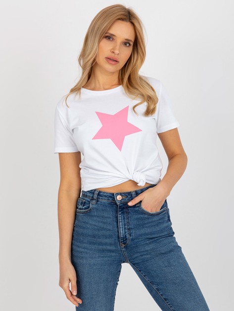 Biało-różowy t-shirt z nadrukiem gwiazdy BASIC FEEL GOOD