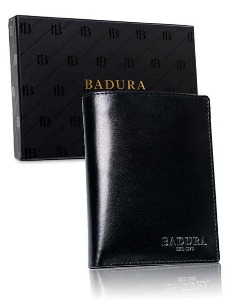Czarny pionowy męski portfel BADURA