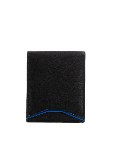Czarny portfel męski ze skóry naturalnej z niebieskim przeszyciem
