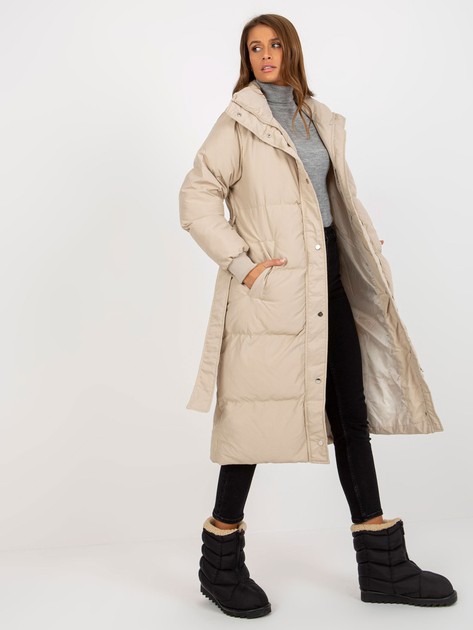 Jasnobeżowa długa pikowana kurtka zimowa z wiązaniem 