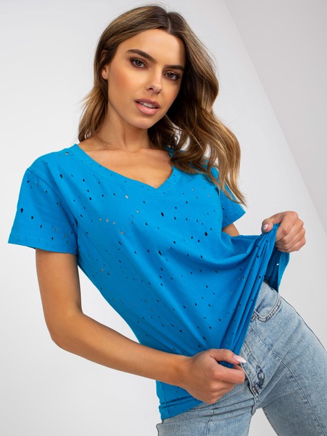 Niebieski jednokolorowy t-shirt z bawełny 