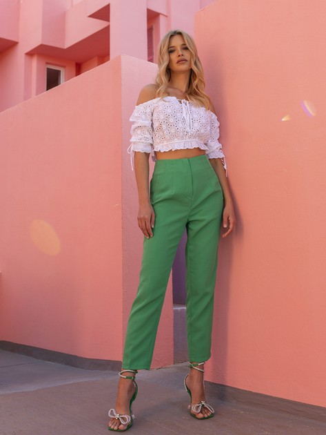 Zielone damskie spodnie high waist od garnituru
